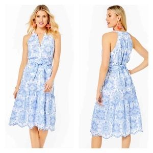 EUC XS Lilly Pulitzer Kiri Eyelet Midi Dress Boca Blue Beachside Daydream